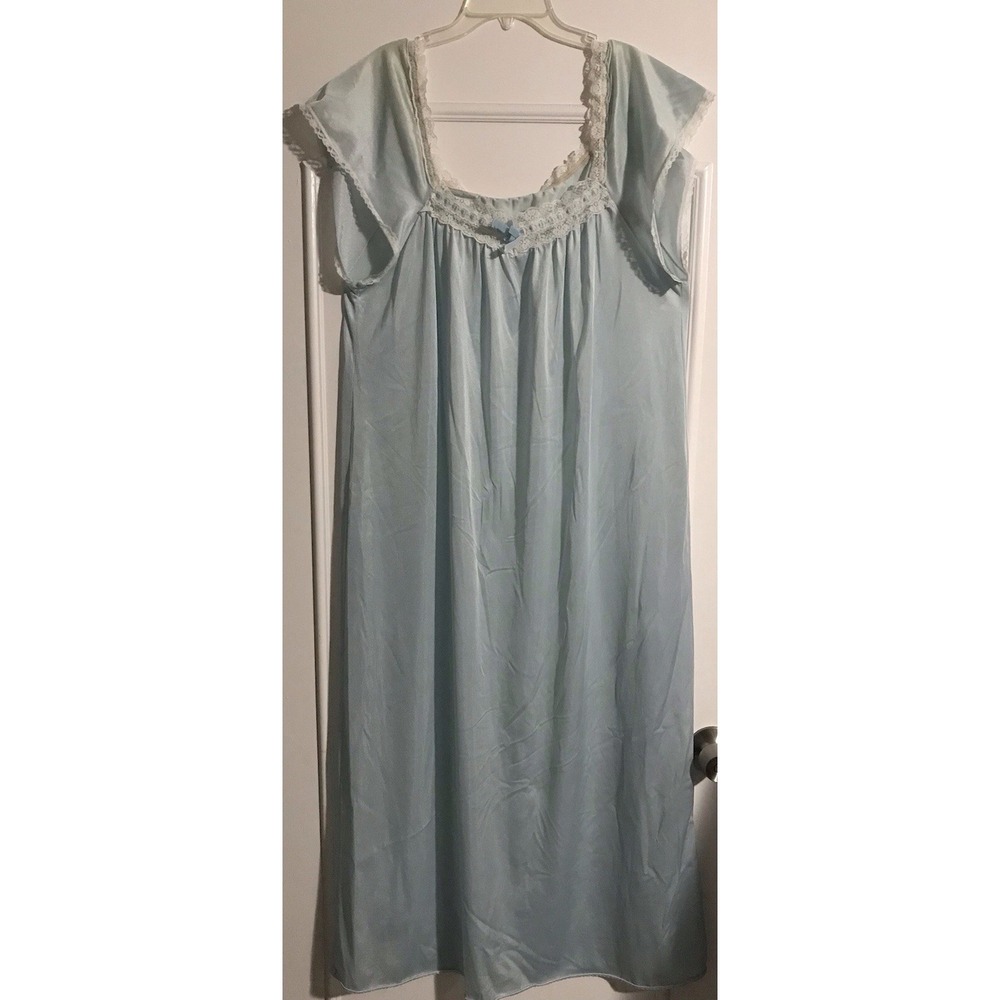 Vintage Fascination 70s Silk XXL Embroidery Night Gown Nylon Blue Green Maxi 2XL
